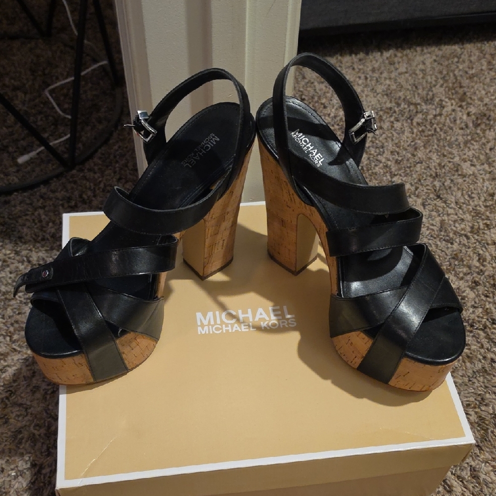 Michael Kors Black Leather Platform Sandals with Cork Block Heel